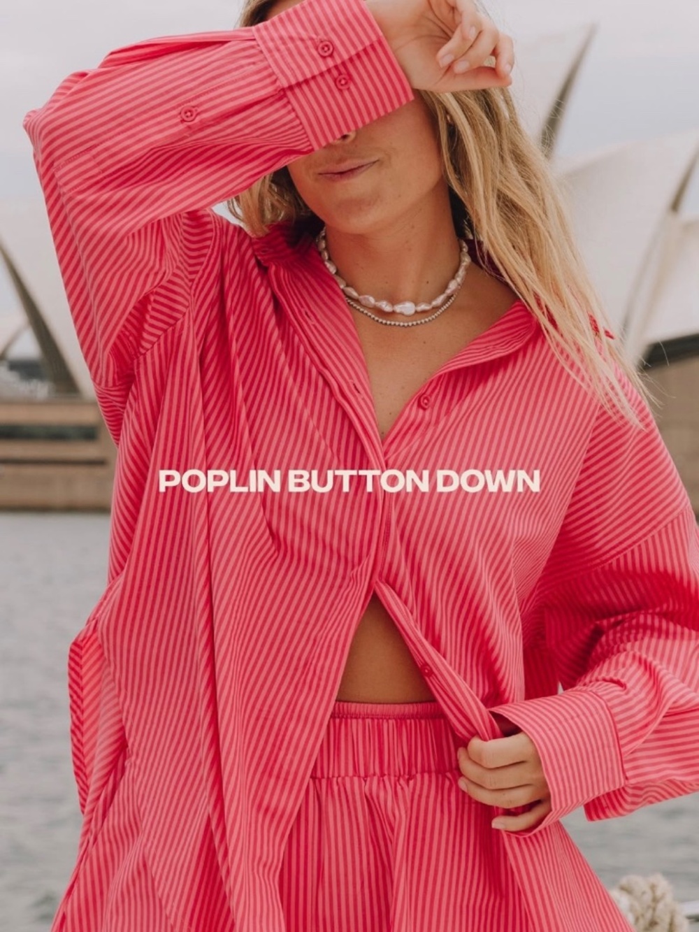 Daily Drills Women's 'Poplin Button Down' Long Sleeve Shirt Top in 'Pink Stripe'